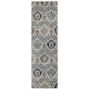 Photo of Ivory Blue And Gray Floral Stain Resistant Runner Rug