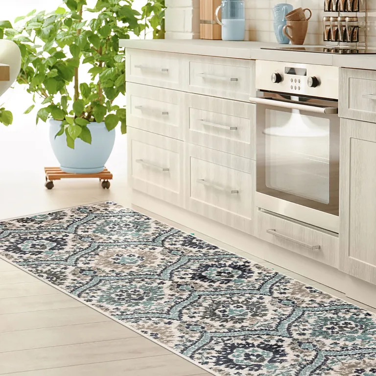 Ivory Blue And Gray Floral Stain Resistant Runner Rug Photo 2