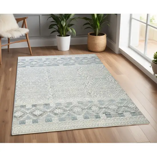 Ivory and Blue Geometric Hand Knotted Area Rug Photo 1