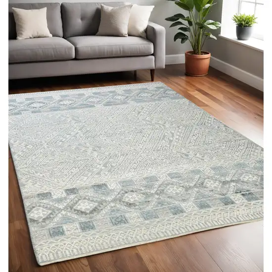 Ivory and Blue Geometric Hand Knotted Area Rug Photo 1