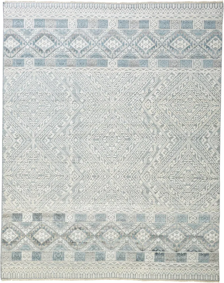 Ivory Blue And Gray Geometric Hand Knotted Area Rug Photo 1