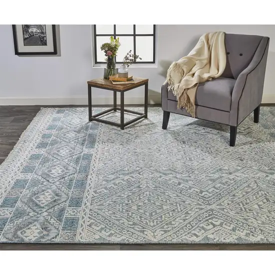 Ivory Blue And Gray Geometric Hand Knotted Area Rug Photo 7