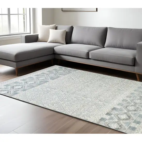 Ivory and Blue Geometric Hand Knotted Area Rug Photo 1