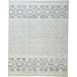 Photo of Ivory Blue And Gray Geometric Hand Knotted Area Rug