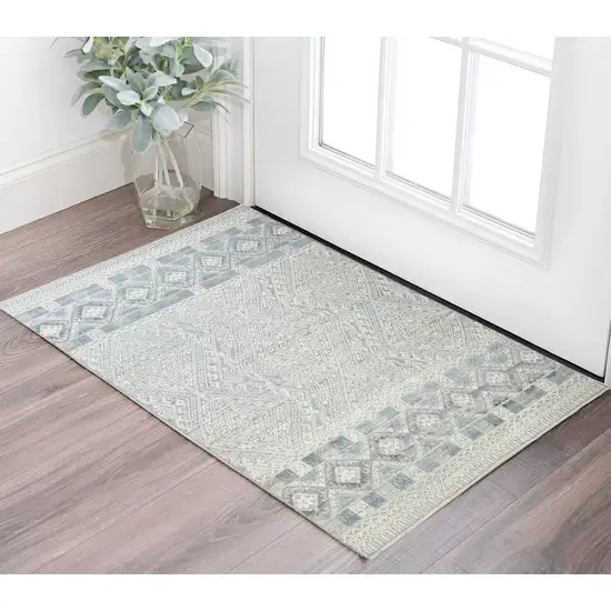 Ivory and Blue Geometric Hand Knotted Area Rug Photo 1