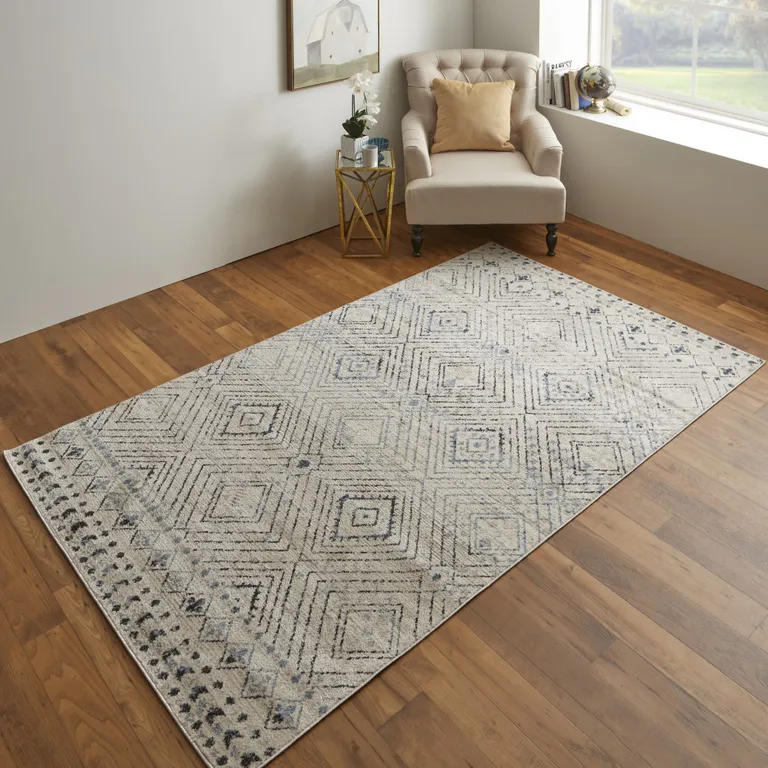 Ivory Blue And Gray Geometric Power Loom Distressed Area Rug Photo 4