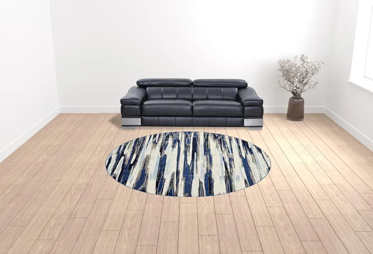 Ivory Blue And Gray Round Abstract Distressed Stain Resistant Area Rug Photo 2