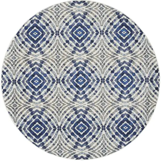 Ivory Blue And Gray Round Abstract Distressed Stain Resistant Area Rug Photo 1