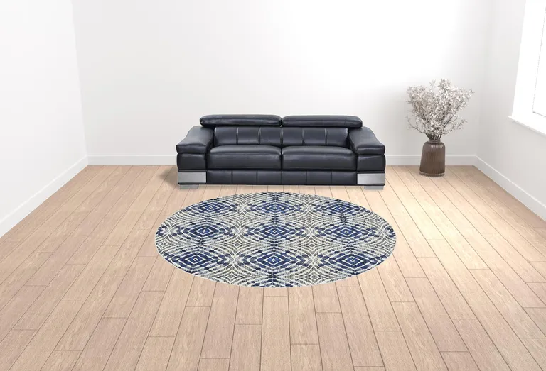 Ivory Blue And Gray Round Abstract Distressed Stain Resistant Area Rug Photo 3