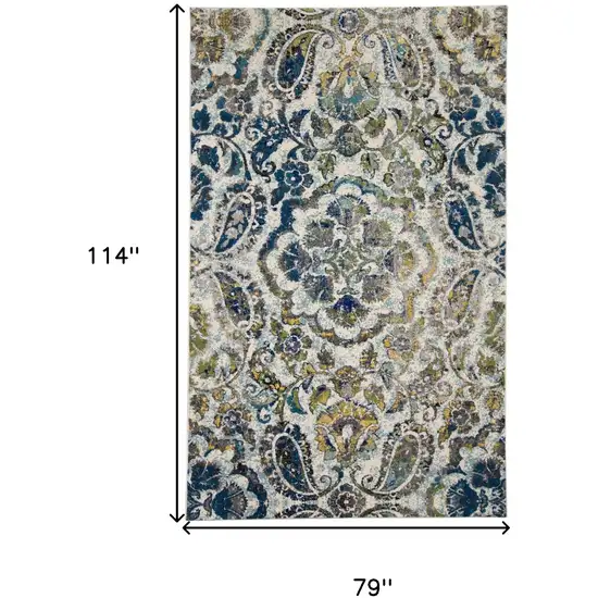 Ivory Blue And Green Floral Stain Resistant Area Rug Photo 10