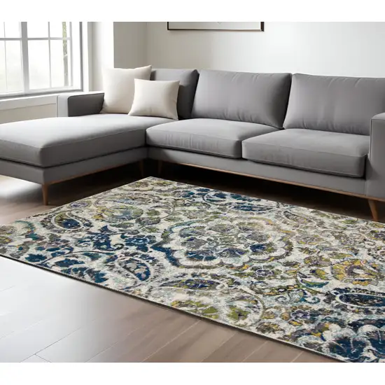 Ivory and Blue Floral Non Skid Area Rug Photo 1