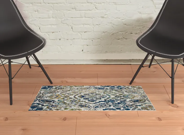 Ivory Blue And Green Floral Stain Resistant Area Rug Photo 4