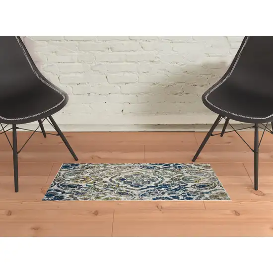 Ivory Blue And Green Floral Stain Resistant Area Rug Photo 4