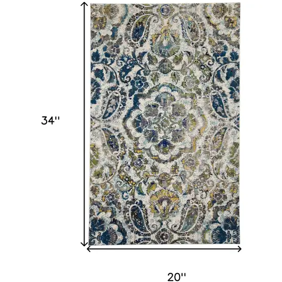 Ivory Blue And Green Floral Stain Resistant Area Rug Photo 8