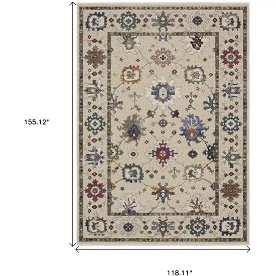 Ivory Blue And Light Brown Floral Area Rug With Fringe Photo 3