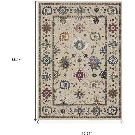 Ivory Blue And Light Brown Floral Area Rug With Fringe Photo 3