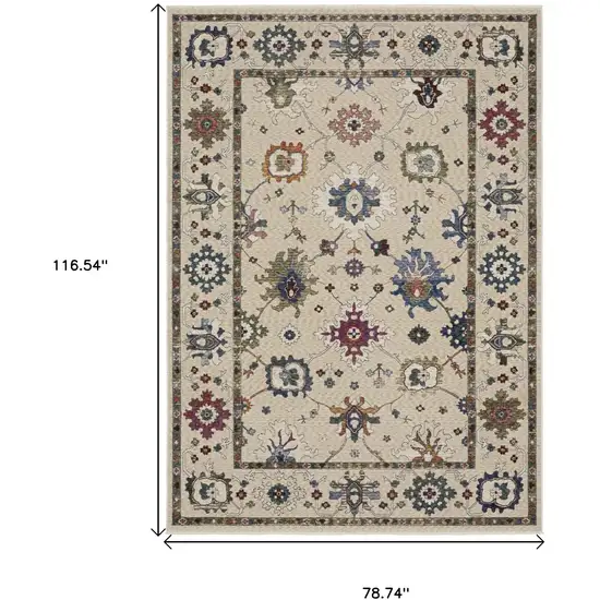 Ivory Blue And Light Brown Floral Area Rug With Fringe Photo 3