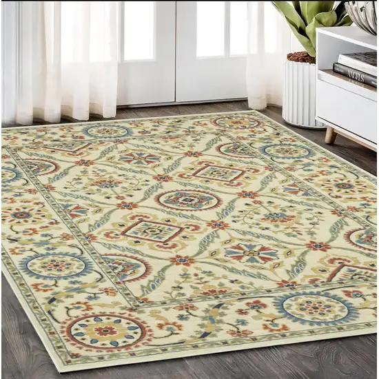 Ivory Blue And Orange Oriental Area Rug With Fringe Photo 1