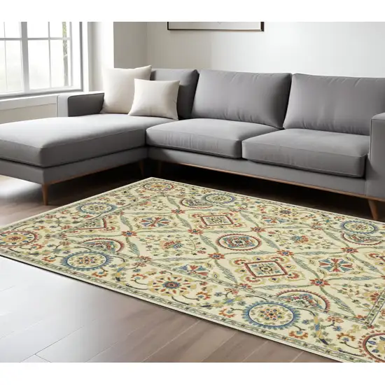 Ivory Blue And Orange Oriental Area Rug With Fringe Photo 1