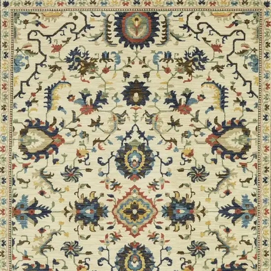 Ivory Blue And Orange Oriental Area Rug With Fringe Photo 9