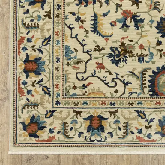 Ivory Blue And Orange Oriental Area Rug With Fringe Photo 4