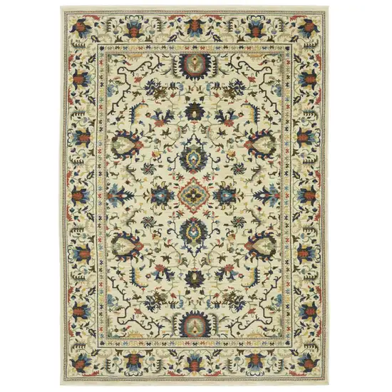 Ivory Blue And Orange Oriental Area Rug With Fringe Photo 2