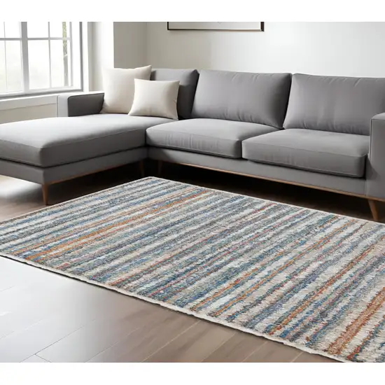 Ivory and Blue Striped Power Loom Area Rug Photo 1