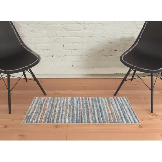 Ivory Blue And Orange Striped Power Loom Stain Resistant Area Rug Photo 2