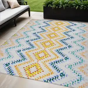 Photo of Ivory Blue And Purple Geometric Washable Indoor Outdoor Area Rug