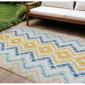 Photo of Ivory Blue And Purple Geometric Washable Indoor Outdoor Area Rug