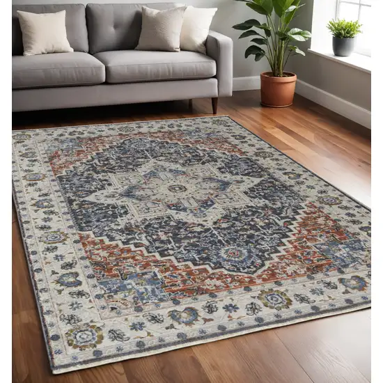 Ivory and Blue Floral Power Loom Non Skid Area Rug With Fringe Photo 1