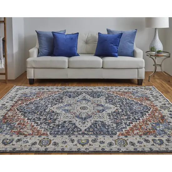 Ivory Blue And Red Floral Power Loom Area Rug With Fringe Photo 9