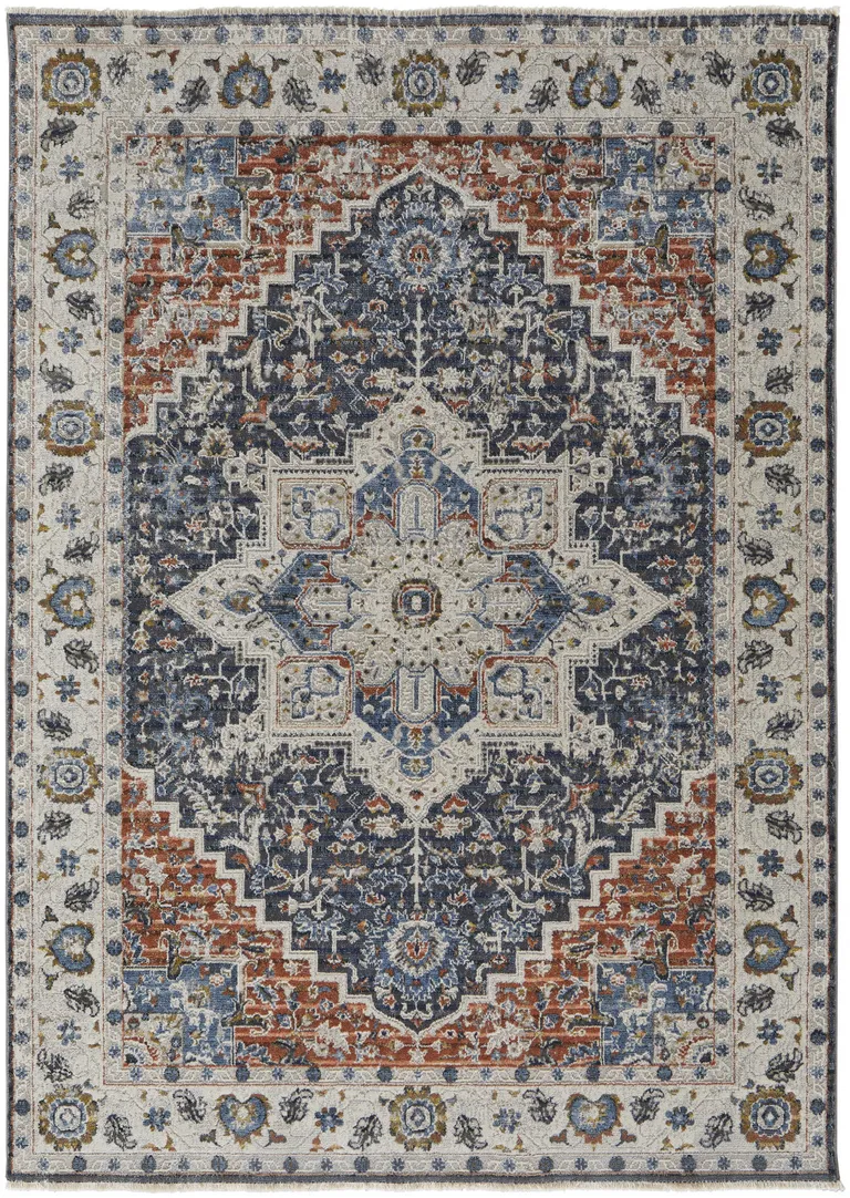 Ivory Blue And Red Floral Power Loom Area Rug With Fringe Photo 1