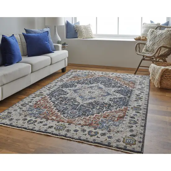 Ivory Blue And Red Floral Power Loom Area Rug With Fringe Photo 7