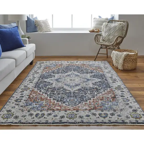 Ivory Blue And Red Floral Power Loom Area Rug With Fringe Photo 8