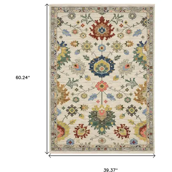 Ivory Blue And Red Oriental Area Rug With Fringe Photo 3