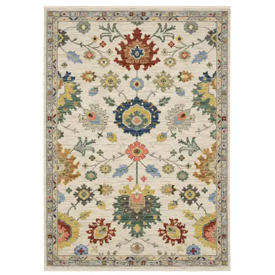 Ivory Blue And Red Oriental Area Rug With Fringe Photo 2