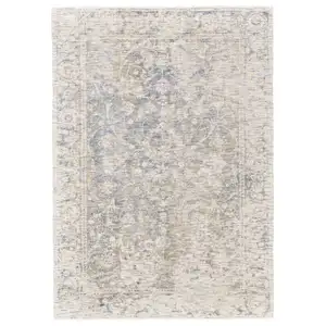 Photo of Ivory Blue And Tan Abstract Hand Woven Area Rug