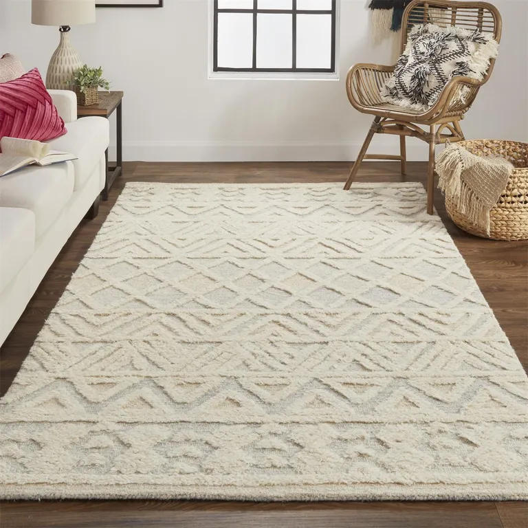 Ivory Blue And Tan Wool Geometric Tufted Handmade Stain Resistant Area Rug Photo 3