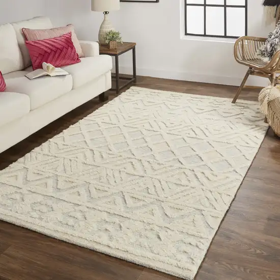 Ivory Blue And Tan Wool Geometric Tufted Handmade Stain Resistant Area Rug Photo 4