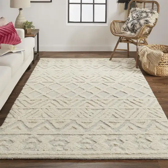 Ivory Blue And Tan Wool Geometric Tufted Handmade Stain Resistant Area Rug Photo 7