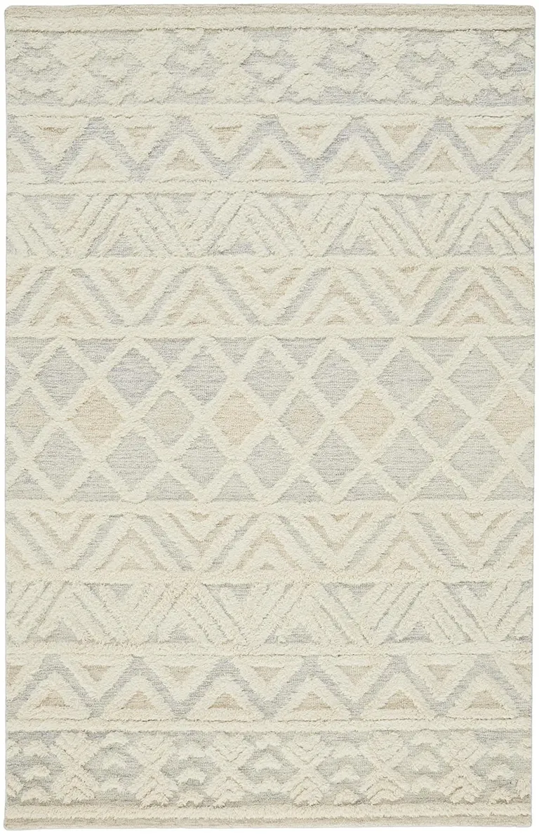 Ivory Blue And Tan Wool Geometric Tufted Handmade Stain Resistant Area Rug Photo 1