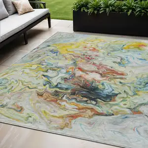 Photo of Ivory Blue And Yellow Abstract Washable Indoor Outdoor Area Rug