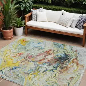 Photo of Ivory Blue And Yellow Abstract Washable Indoor Outdoor Area Rug