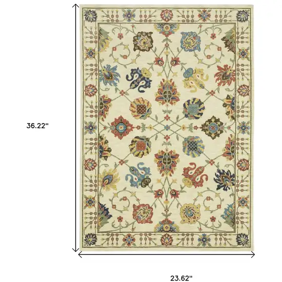 Ivory Blue And Yellow Oriental Area Rug With Fringe Photo 3