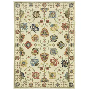 Photo of Ivory Blue And Yellow Oriental Area Rug With Fringe