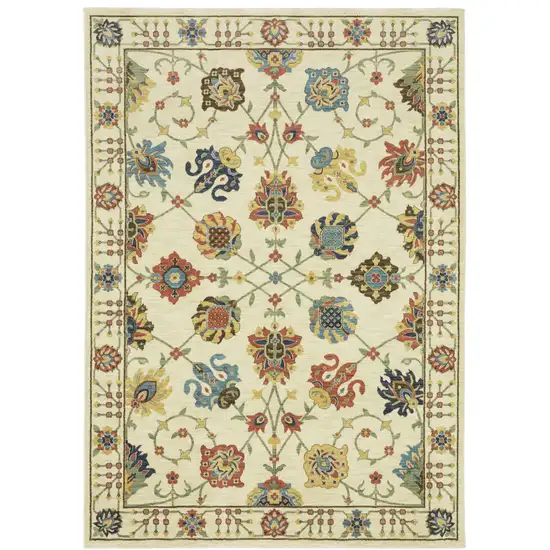 Ivory Blue And Yellow Oriental Area Rug With Fringe Photo 2