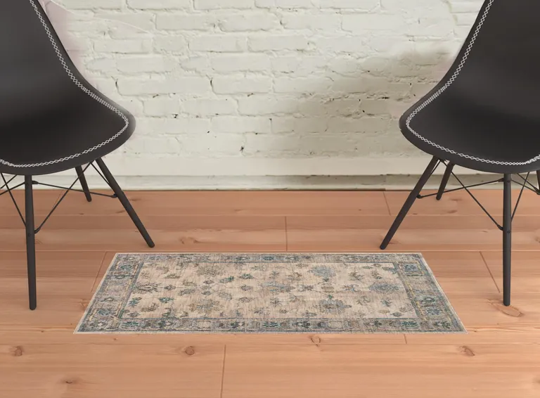 Ivory Blue Gold And Grey Oriental Power Loom Stain Resistant Area Rug Photo 2