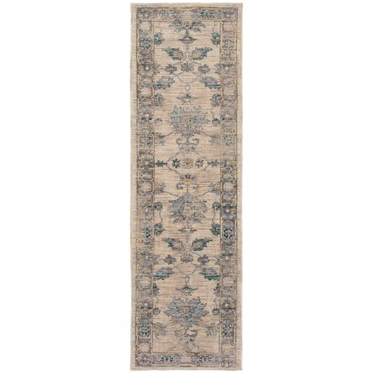 Ivory Blue Gold And Grey Oriental Power Loom Stain Resistant Runner Rug Photo 1