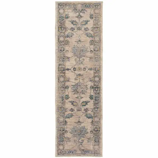 Ivory Blue Gold And Grey Oriental Power Loom Stain Resistant Runner Rug Photo 1